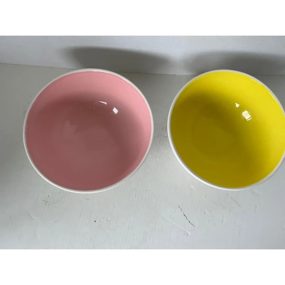 Rae Dunn Ceramic Tropical Bowls Flamingo Pineapple Set of 2 Pink Yellow Footed